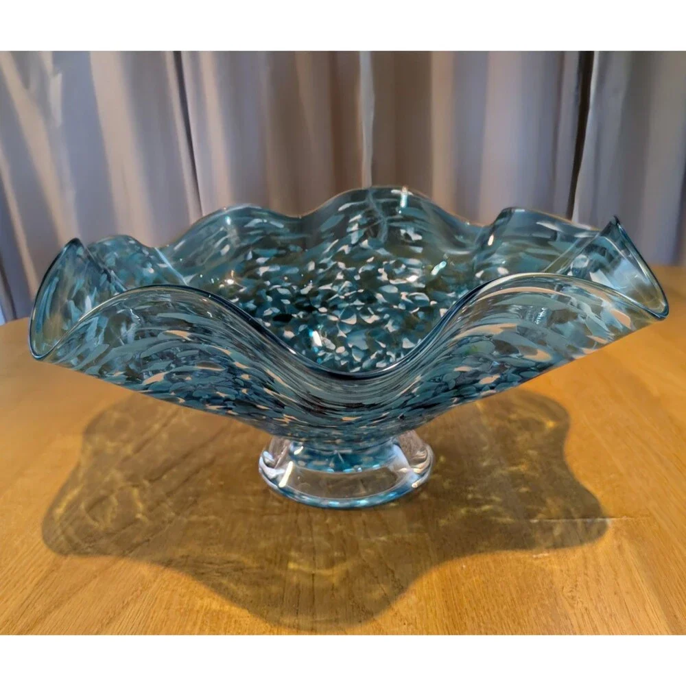 Vtg Blown Art Glass Blue White Confetti Floppy Bowl Handkerchief Ruffle 12